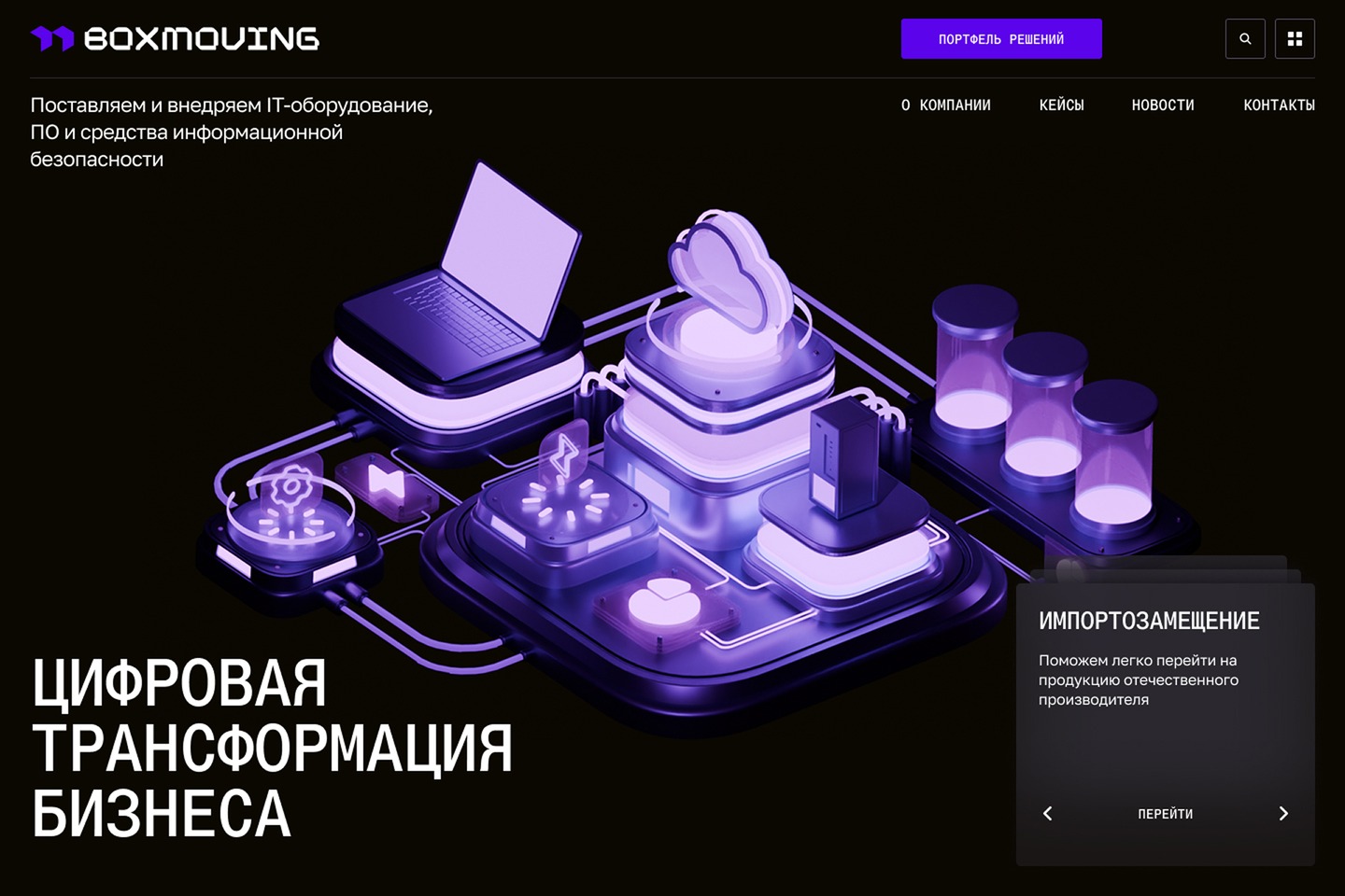 Главная страница BOX MOVING с направлениями цифровой трансформации бизнеса