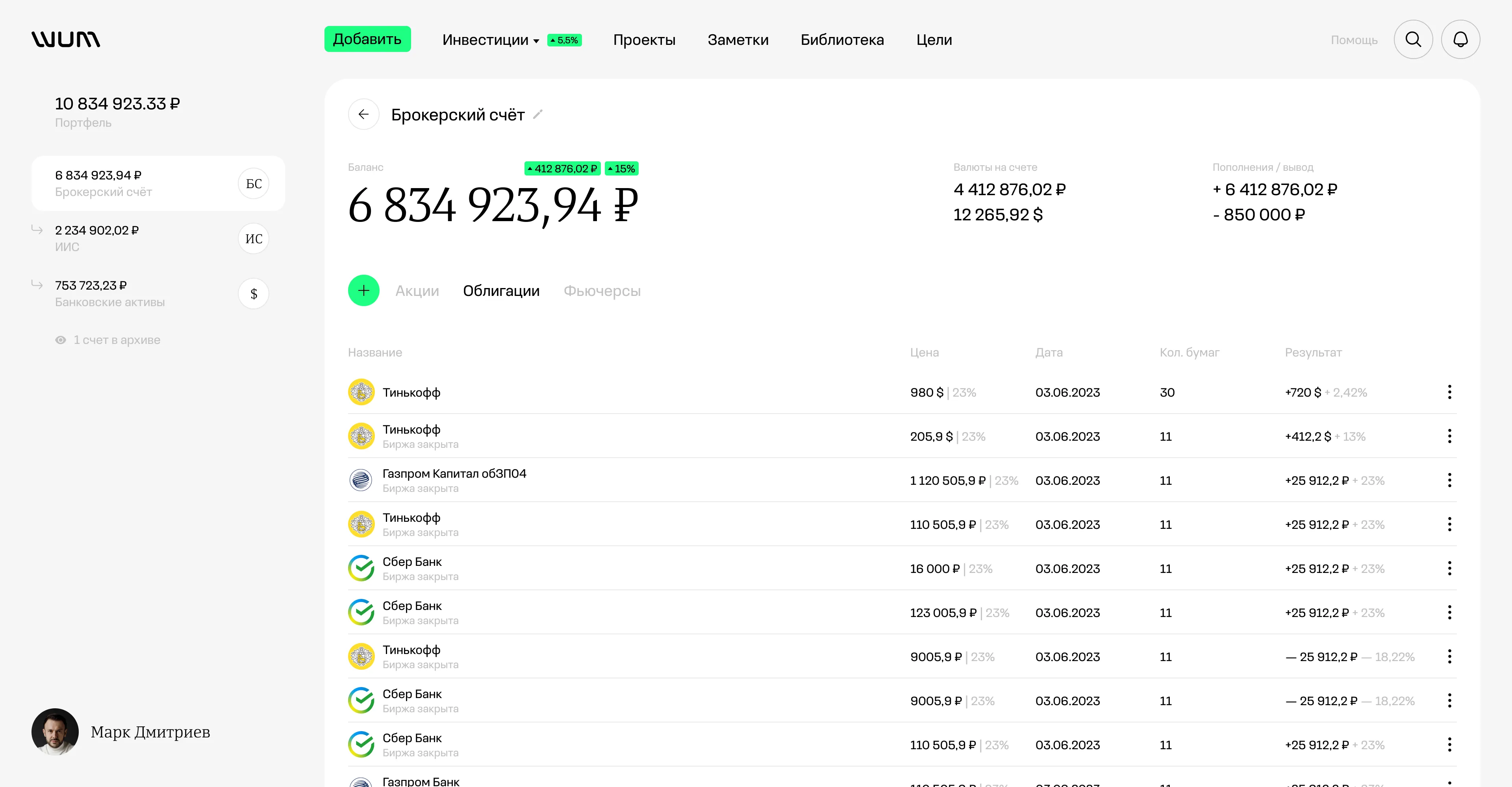 Интерфейс сделок с активами в WakeUpMoney